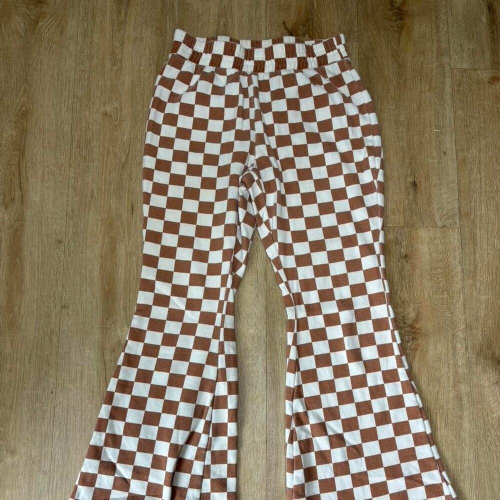 Brown white checkered flare pants